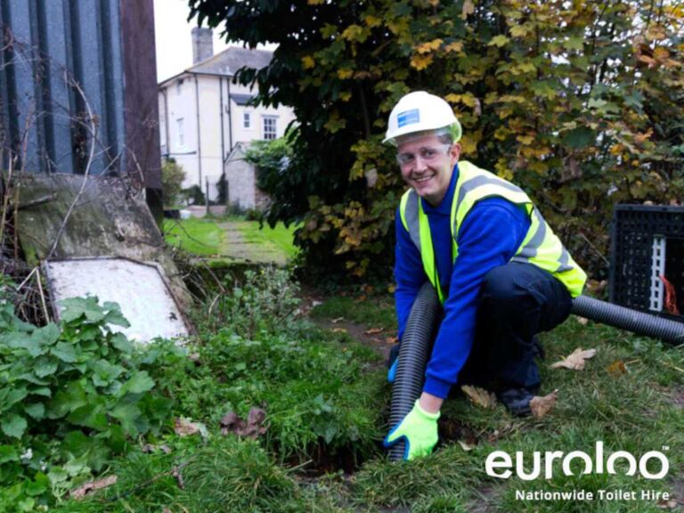 A Service Technician Wearing A White Hard Hat, Safety Glasses, And A High-Visibility Vest Crouches On A Lawn, Feeding A Large Black Vacuum Hose Into An Underground Access Point. The Logo For &Quot;Euroloo Nationwide Toilet Hire&Quot; Is In The Bottom Right Corner.