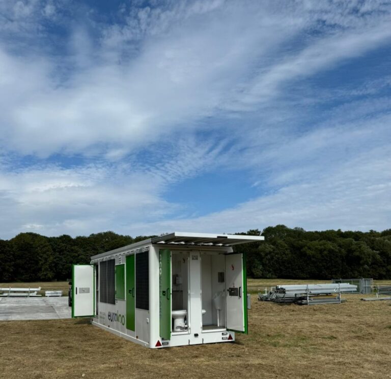 Solar-Powered Ecowelfare Welfare Unit Positioned On A Construction Site, Providing Sustainable Facilities With Zero Diesel Usage
