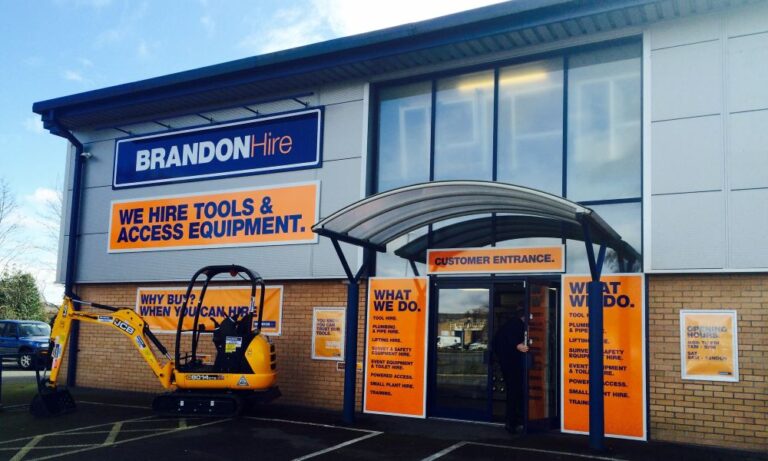 Brandon Hire Station Storefront With Signage And Equipment Outside, Used In News Coverage About Branch Closures And Restructuring Across The Uk.
