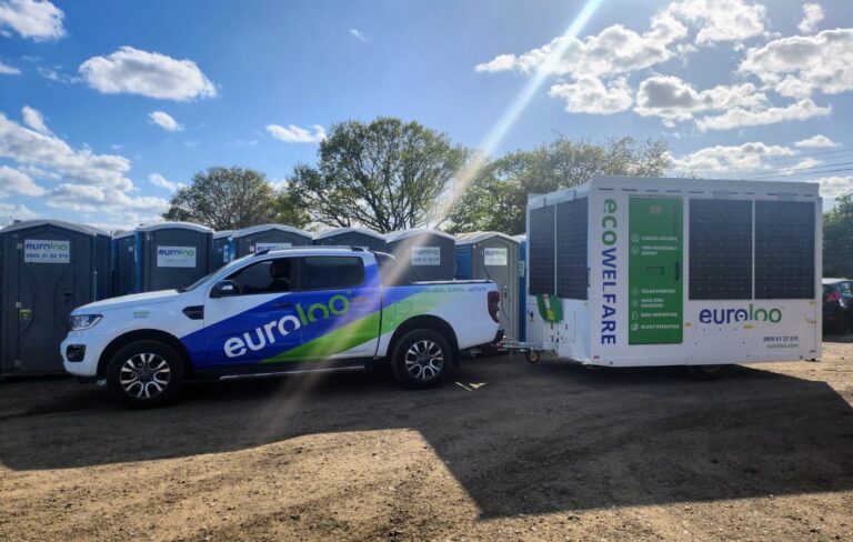 Euroloo Vehicle Towing Solar-Powered Ecowelfare Unit Beside Portable Site Toilets Under A Blue Sky