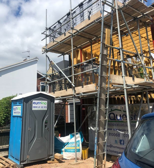 Domestic building site during a house extension with limited site welfare in place