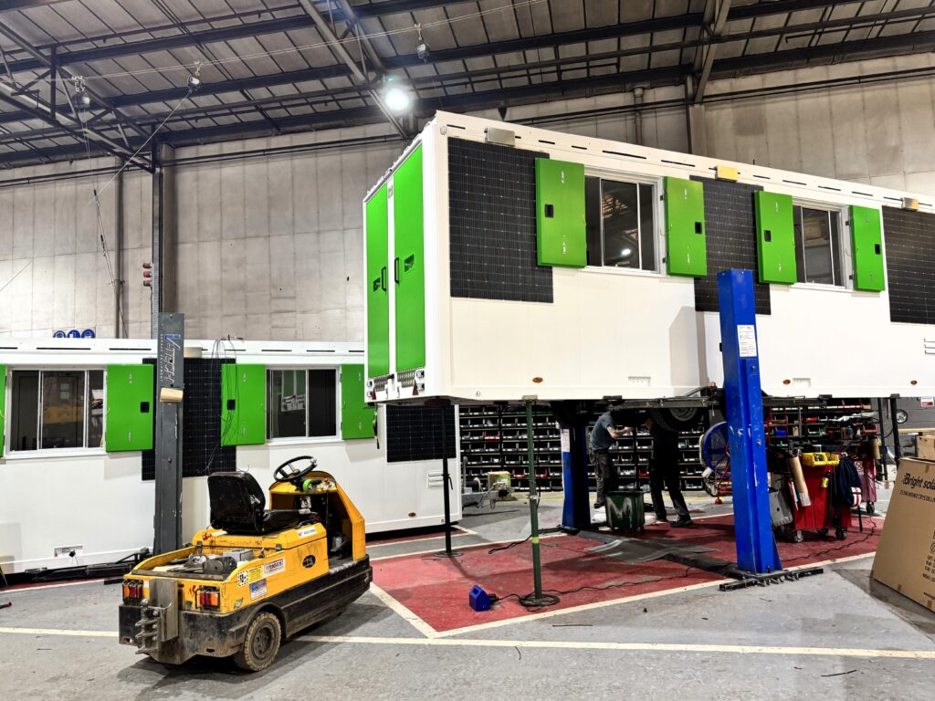 Four 24Ft Ecowelfare Solar-Powered Welfare Units In Production, Nearing Completion On The Factory Floor For Sustainable Site Welfare.