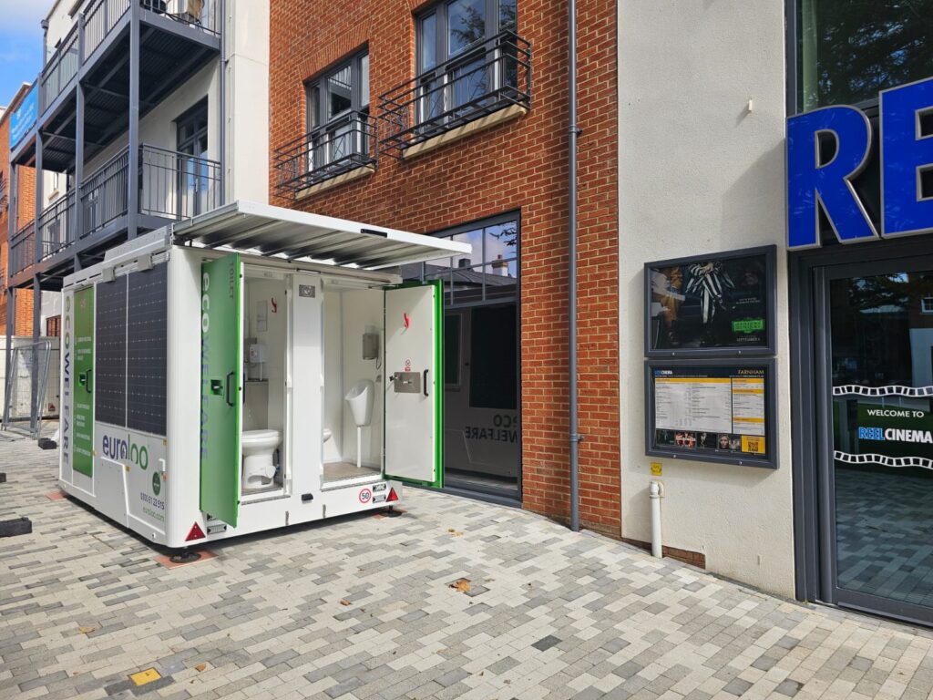 Solar Powered Ecowelfare Unit Positioned Outside A Cinema Shopfitting And Retail Refit Project.