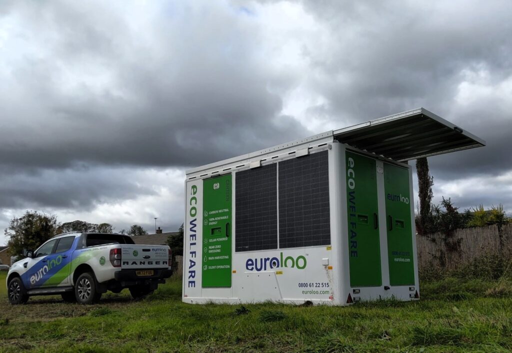 Euroloo Biofuel-Powered Delivery Vehicle Delivering Solar Ecowelfare Unit In Gloomy Winter Weather