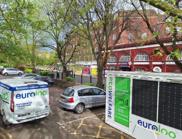 Solar-Powered Euroloo Ecowelfare Unit Supporting Fire Safety Compliance Works On A Commercial Site