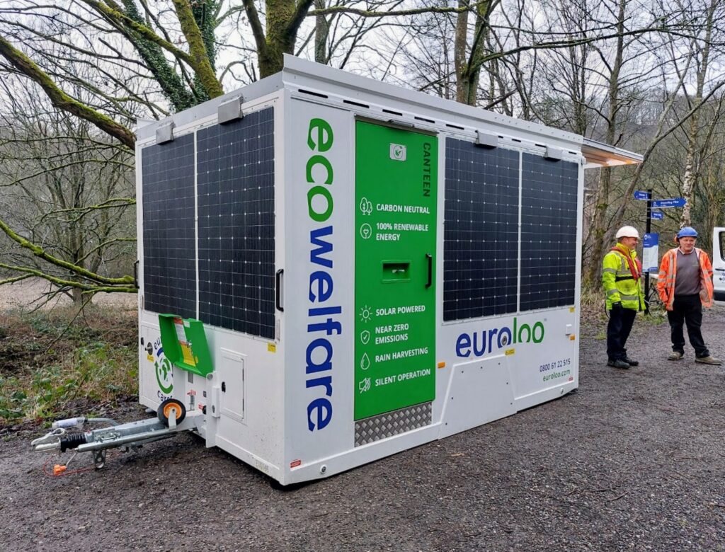 Euroloo Solar-Powered Ecowelfare Unit In Use On Active Job Site With Toilet And Canteen.