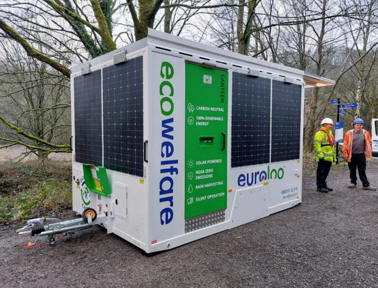 Euroloo Solar-Powered Ecowelfare Unit In Use On Active Job Site With Toilet And Canteen.