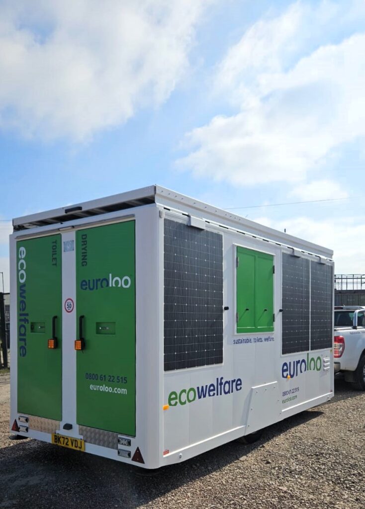 A Solar-Powered Ecowelfare Welfare Unit Positioned Outdoors In Sunlight, Showcasing Sustainable Construction Solutions.